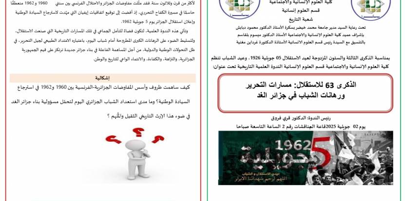 الندوة العلمية التاريخية  تحت عنوان الذكرى 63 للإستقلال : مسارات التحرير ورهانات الشباب في جزائر الغد 